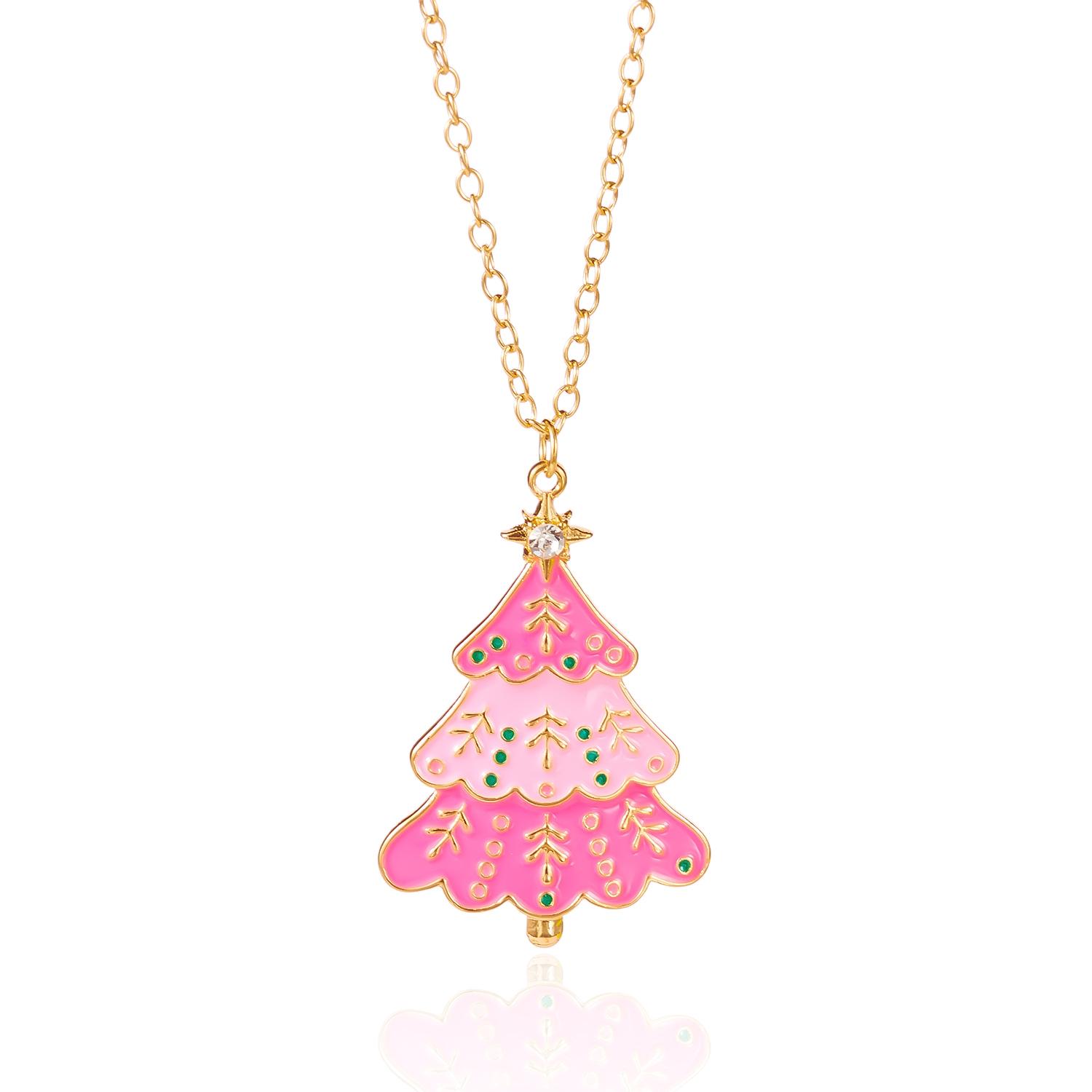 Cute Pink Christmas Tree Dangle Earrings Necklace Jewelry Set for Women Cute Hollow Snowman Earrings Xmas New Year Party Gifts