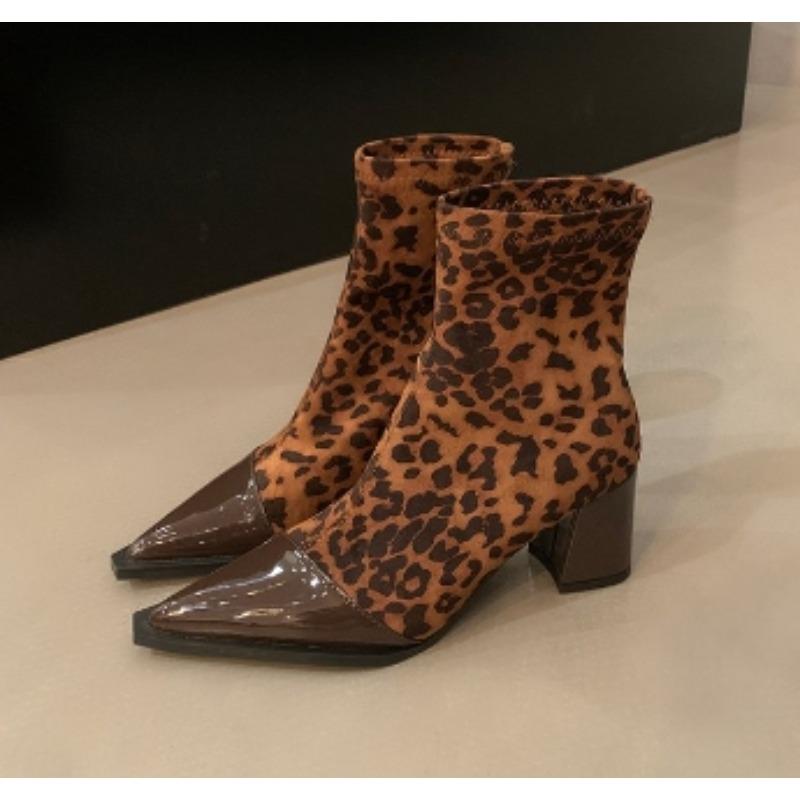 

Модные новые дизайнерские женские ботильоны с леопардовым принтом, модные ботильоны с острым носком, лаконичная лоскутная обувь на толстом каблуке, туфли, zapatos mujer 40