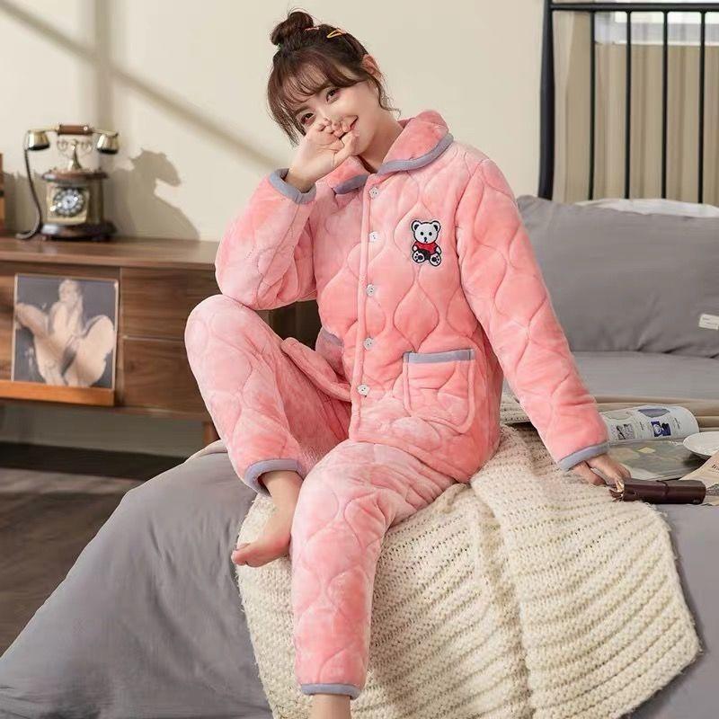 Pajamas women's winter three-layer thickened models fleece coral fleece warm padded cotton autumn and winter women's loungewear