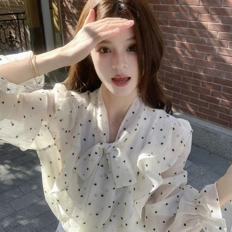 New French High-end Ruffled Polka-dot Shirt for Women Spring and Autumn Design Loose and Chic Top with Straps