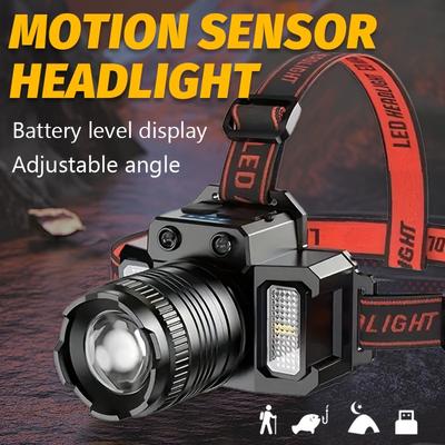 USB Rechargeable LED Headlight with Motion Sensor,5 Lighting Mode,adjustable and Telescopic Zoom,power Display,for Work,travel,hiking,fishing,repair