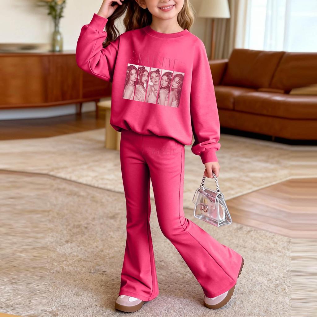 Kids Printed Long Sleeve Neck Top and Pants Set, Casual Loose Fit Outfit for Boys Girls