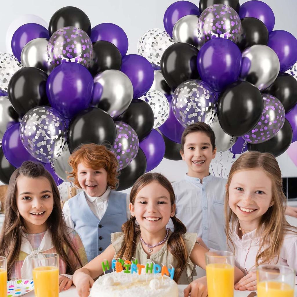 70pcs 10 Inch  Dark Purple Black Metal Silver Latex Balloons with Purple Confetti for Weddings Birthday Graduation Party Decara