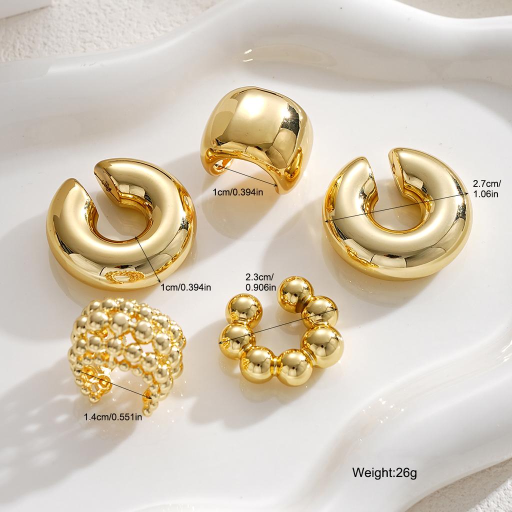17KM 5pcs Vintage Exaggerated Fashion Copper Wide Face Clip-On Earrings Set For Women Couples Vacation Dating Daily Party Jewelry New