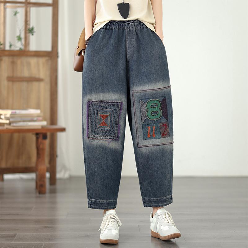 

DIMANAF 2026 Summer New Plus Size Women Jeans Elastic Waist Embroidery Long Pants Loose Casual Denim Cotton Trousers Pants M синий