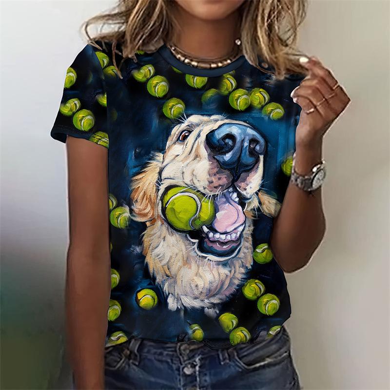 Tägliches Rundhals-Sommer-Damen-T-Shirt mit kurzen Ärmeln, 3D-Druck, kleiner Hund, lässiges T-Shirt