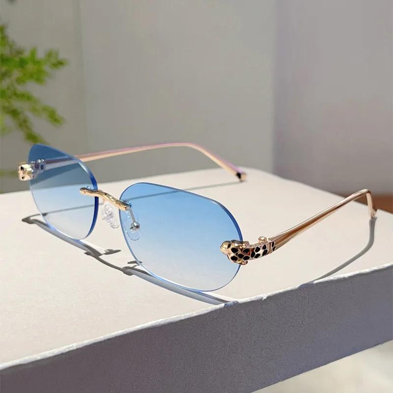 Brand Designer Luxury Rimless Sunglasses Women For Men  Vintage Punk Sun Glasses Popular Metal Leopard Head Shade Uv400