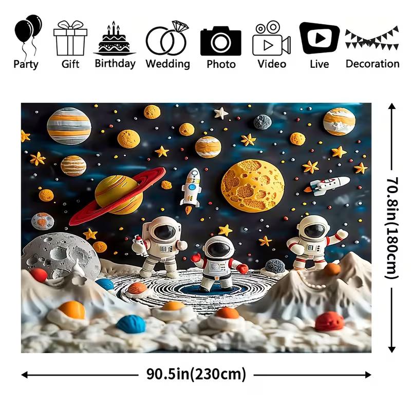 2D Boys Space Party Backdrop, Cute Astronauts & Solar System Photo Banner