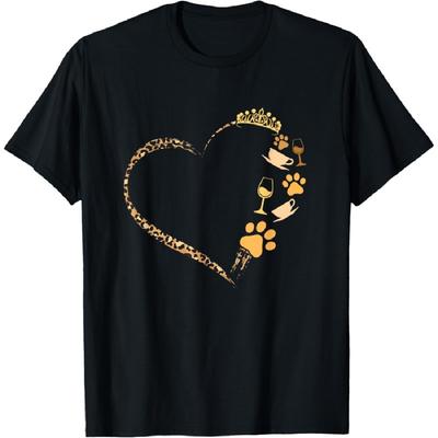 Cute Dogs Paw Crown Wine Coffee Leopard Print Heart T-Shirt