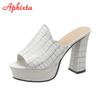 Aphixta 10.5cm Square Heels Platform Slides Women Mules Design Peep Toe Slippers Sandals Summer Cool Shoes Female Big Size 41