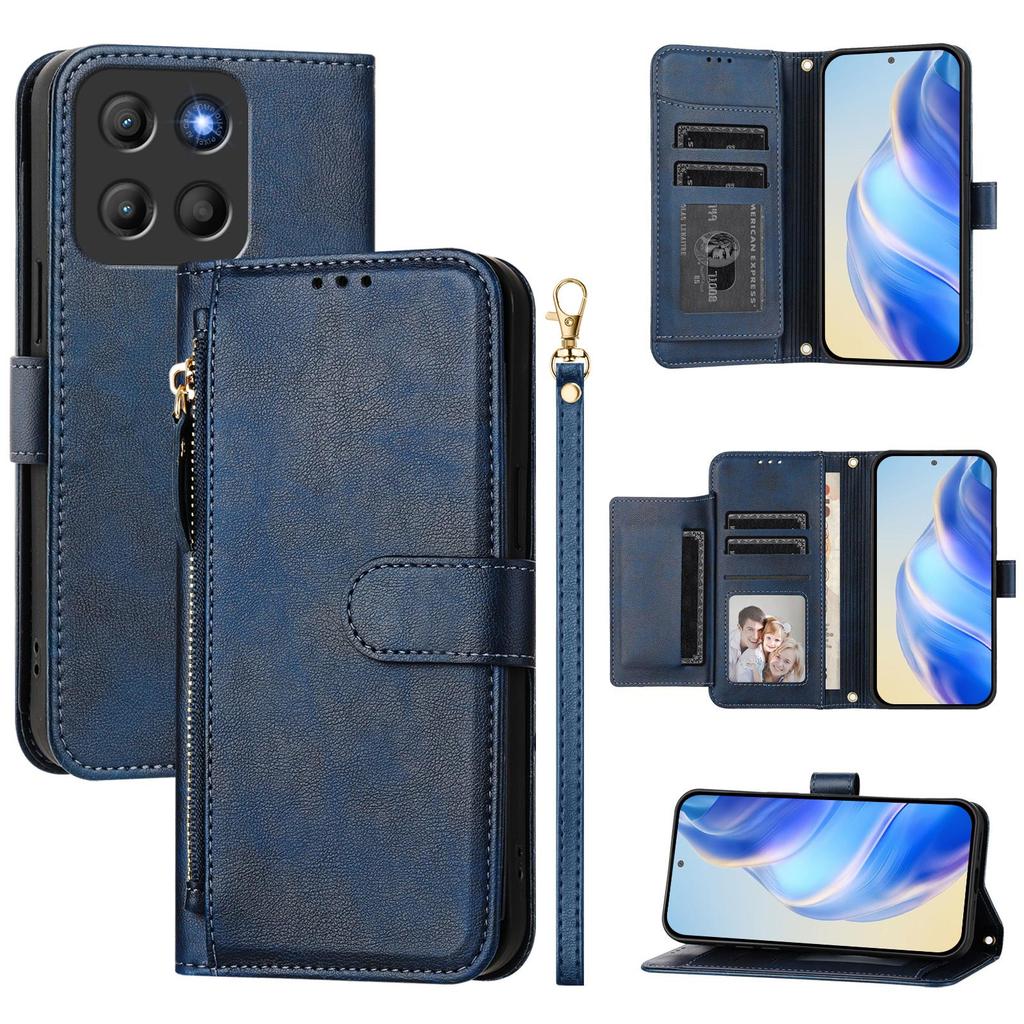For Motorola Moto G15 4G Case Zipper Pocket Multiple Card Slots Leather Phone Cover