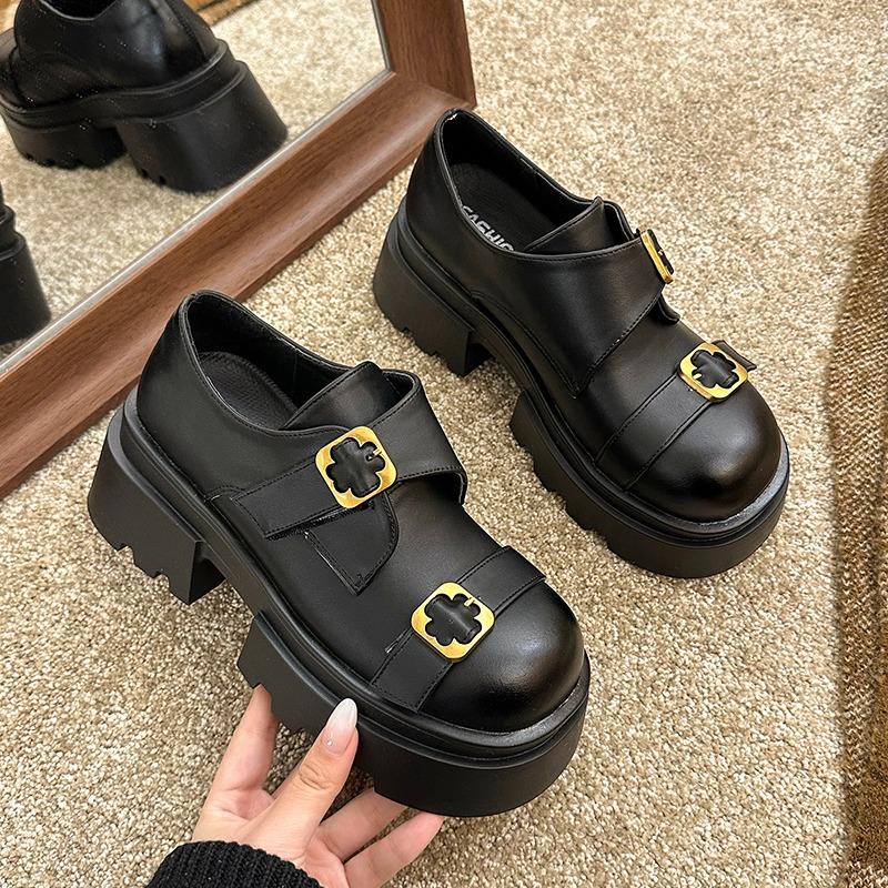 

Модные весенние новые туфли на грубом каблуке, женская мода, круглый носок, глубокий вырез, металлическая пряжка, толстая подошва, нескользящие туфли с низким верхом 39 чёрный