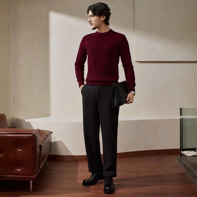Qipai Men's Pure Wool Double-Layer Round Neck Pullover Sweater