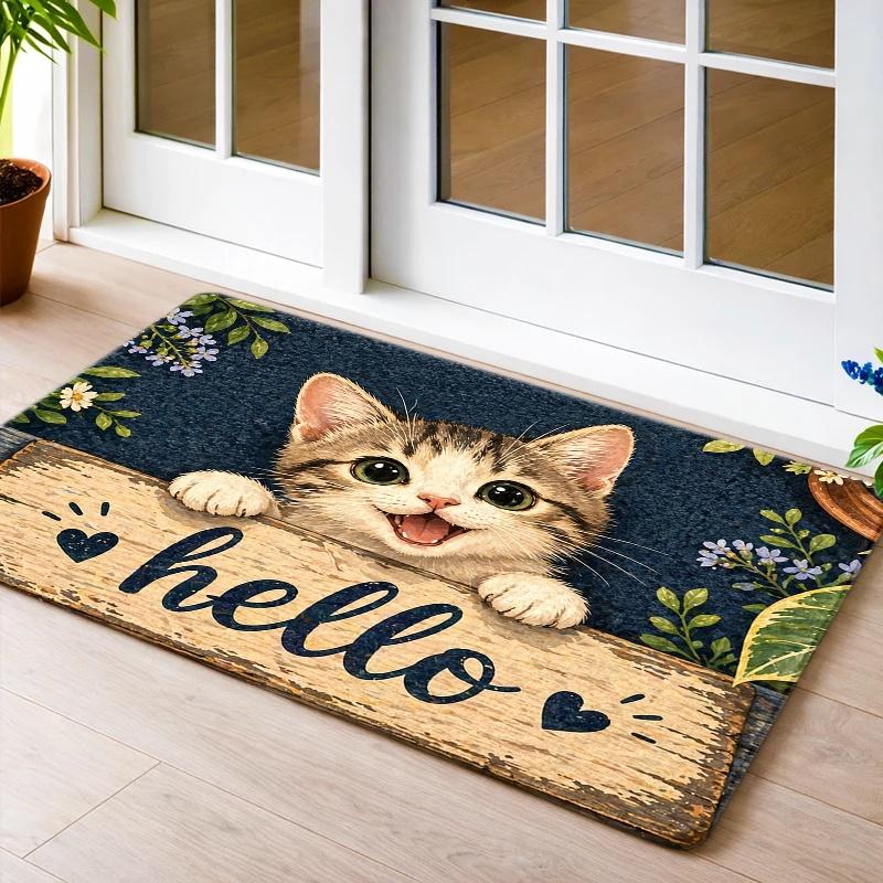 1Pcs Anti Fatigue Kitchen Rugs,  Cute Cat Hello  Print Waterproof Non-Slip Thick Cushioned Kitchen Mat Heavy Duty Comfort Standing Mat for Kitchen