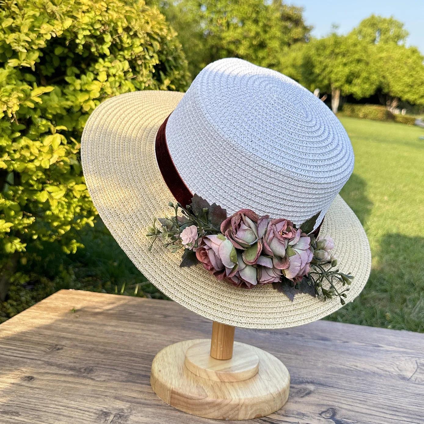 

Women s Summer Straw Hat with Rose Flower - Large Brim Sun Hat for Beach, Wedding, Elegant Wide Brimmed Boho Sunhat 55-58CM
