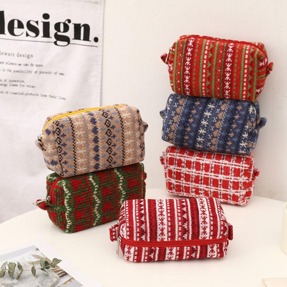 Knitted Fabric Christmas Cosmetics Storage Bag Dirt-proof Large Capacity Christmas Pencil Case Multi Functional Portable
