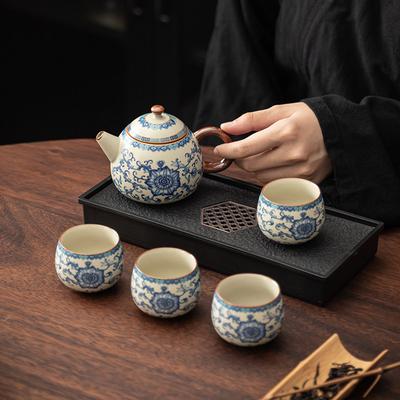 Blue and White Tea Set, One Pot, Two Cups, Four Cups, Kung Fu Tea Set, Ceramic Teapot, Tea Tray, One or Two People Drink Tea