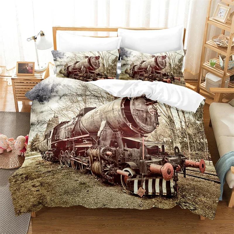 Comforter Steam Engine King Queen Microfiber Vintage Locomotive In Countryside Scenery Green Grass Train Pattern Bedding Set