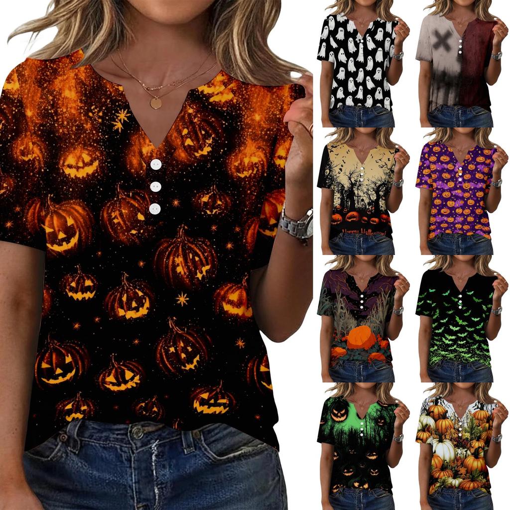 Women's Halloween Print Loose Fit V Neck Short Sleeve Top with Button Detail and Front Pocket Casual Blouse for Seasonal Wear