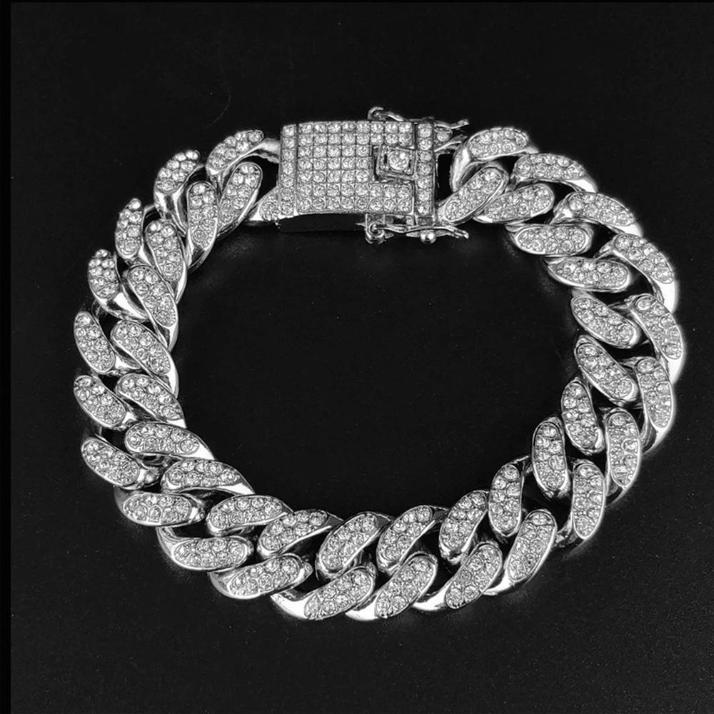 Full Crystal Stone Cuban Chain Hip Hop Bracelet For Men Silver Color Metal Link Chain Rhinestone Luck Closure Mens Bracelet