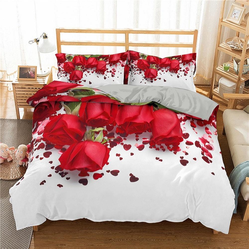 Red Rose Duvet Cover Set Red Flower Gray Background 3D Comforter Cover Valentine's Day Gift King Queen Size For Girls Women Kids