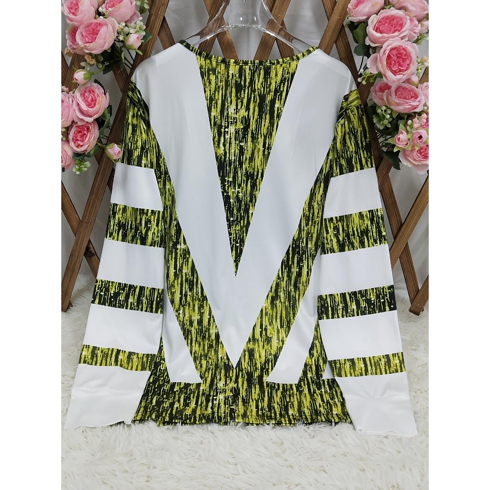 Autumn and winter extension color matching striped printing zipper T-shirt casual long-sleeved top large size women's clothing
