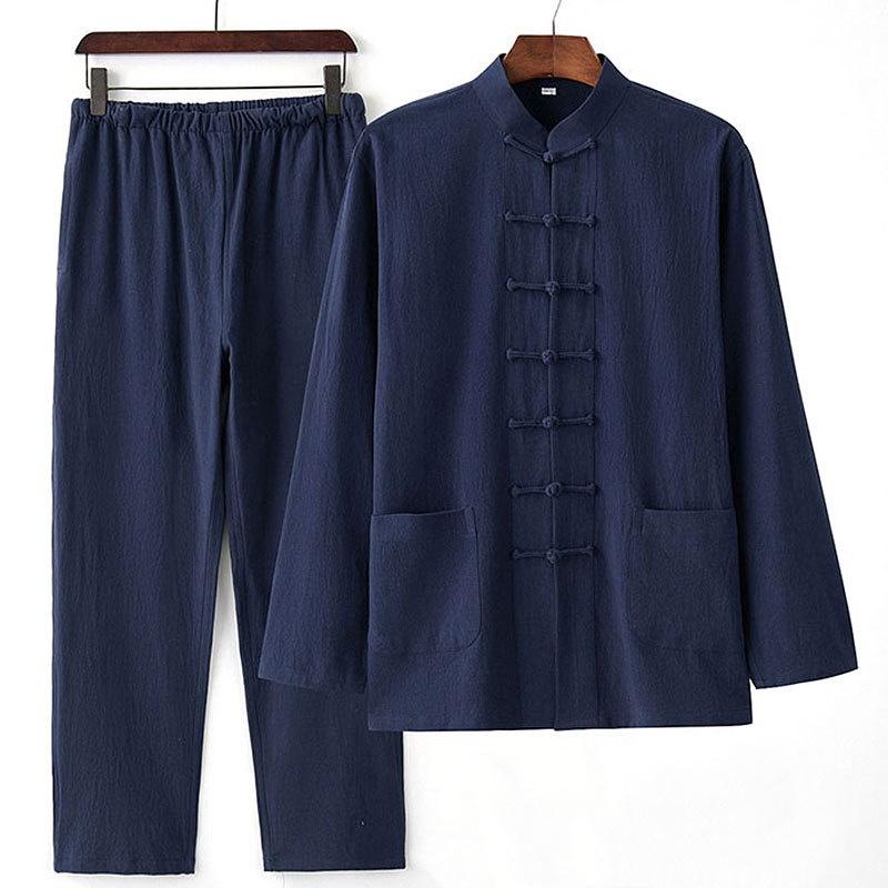Tang Suit Men's Buddhist Chinese Style Chinese Style Clothing Cotton Linen Suit Ancient Style Two-piece Spring and Autumn Lay Clothes Elastic Waist