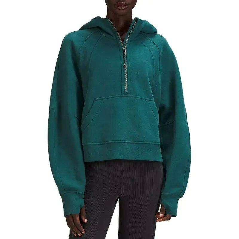 Autumn and Winter Yoga Clothes Women's Sports Half-chain Hoodie Sweater Loose Short Plus Velvet