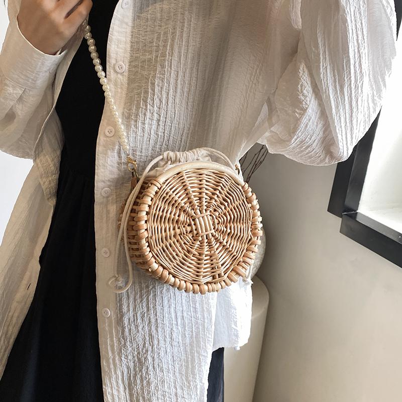 Handwoven Women's Bag Round Bag Shoulder Bag Crossbody Pearl String Design Vine Weaving Luxury Beach Phone Wallet Travel New