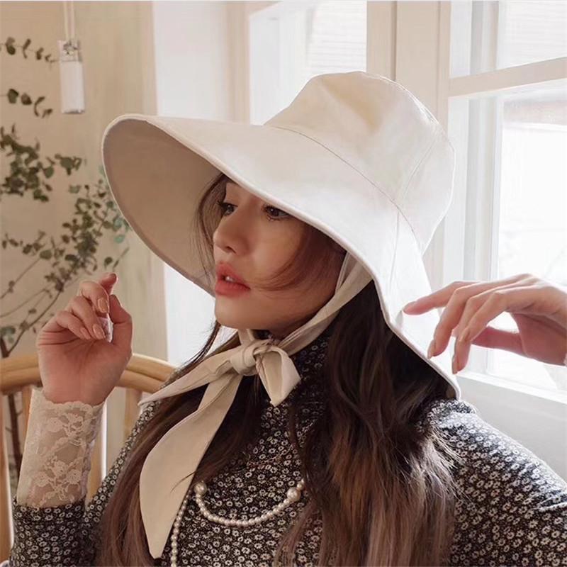 My Extreme Outdoor Activities Women's Black Summer Spring Japan Tie Bucket Hat Korean Big Brim Fisherman Hat Foldable Sunscreen Chic Cotton Linen Beach Sun Hat