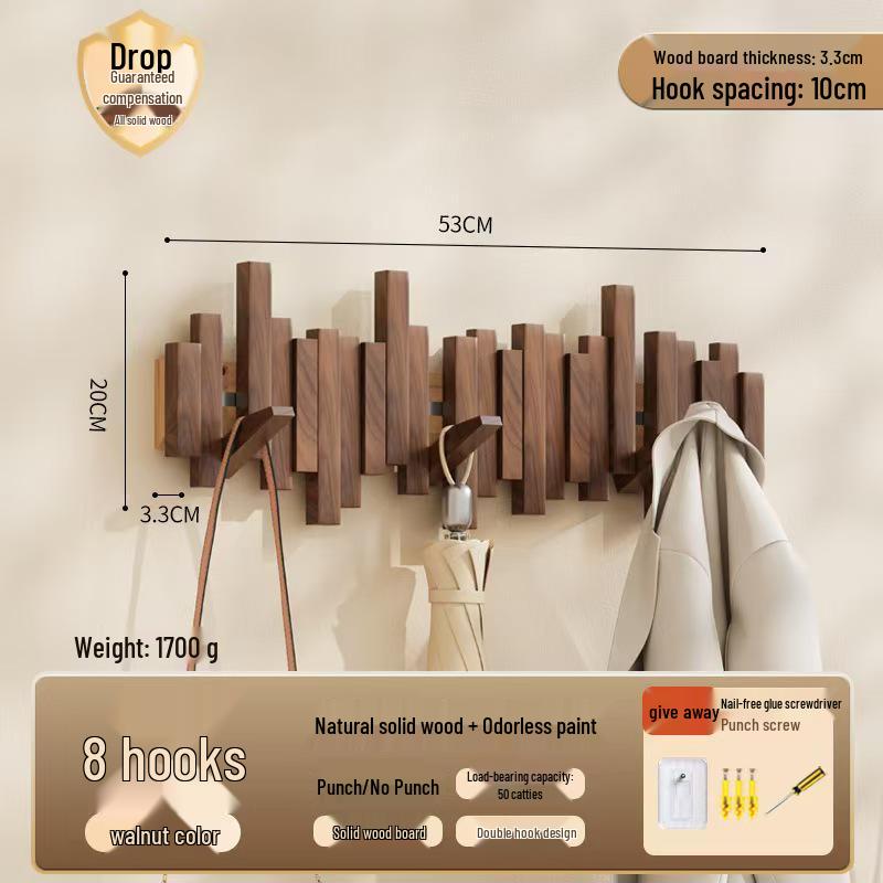 Solid Wood Coat Rack with Piano Key Hooks – Adhesive, No-Punch Design for Wall or Door