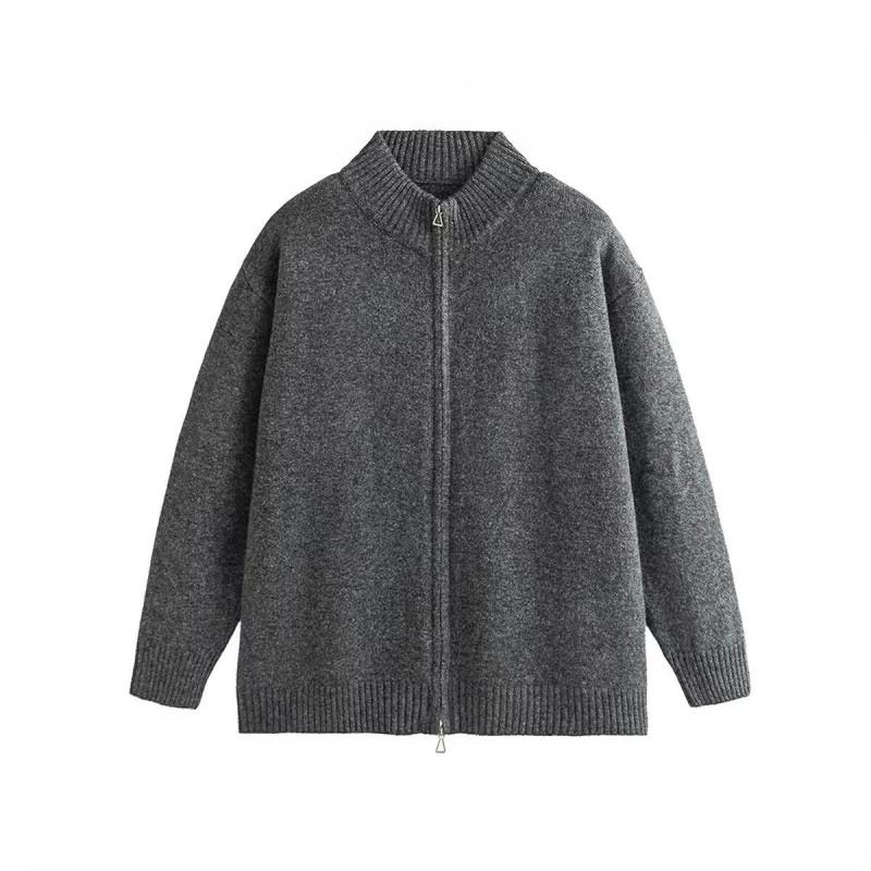 American Commute Minimal Stand Collar Double Zip Knit Cardigan Unisex Casual Versatile Loose Jacket