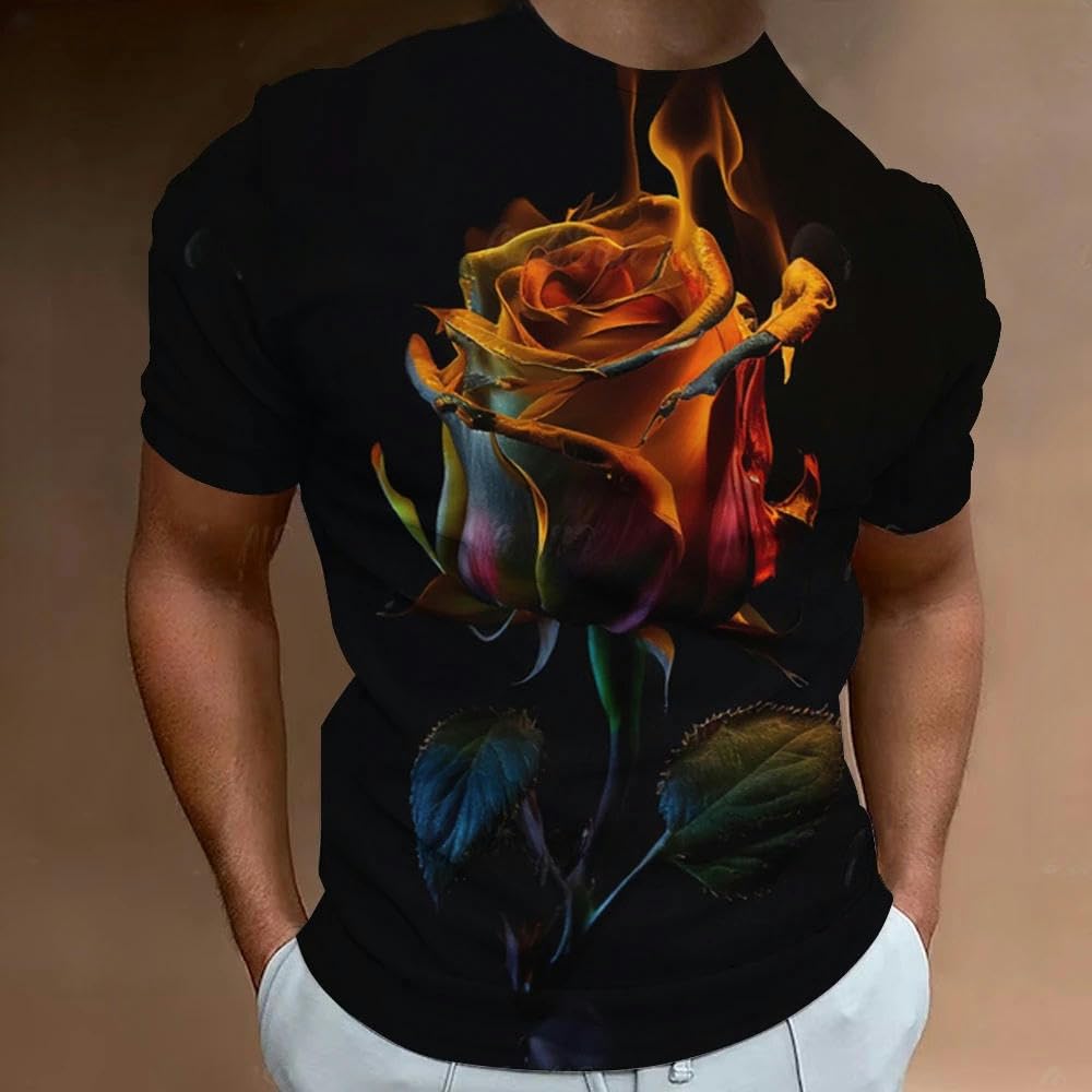 T-Shirt Men Novelty Red Rose 3D Printed Summer Crew Neck Short Sleeve Casual Graphic T Shirts Fashion Oversized Men's Clothing