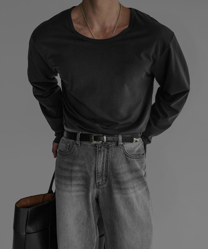 Baulopeulodeogteu Cotton U-Neck Long Sleeve T-Shirt [Charcoal]
