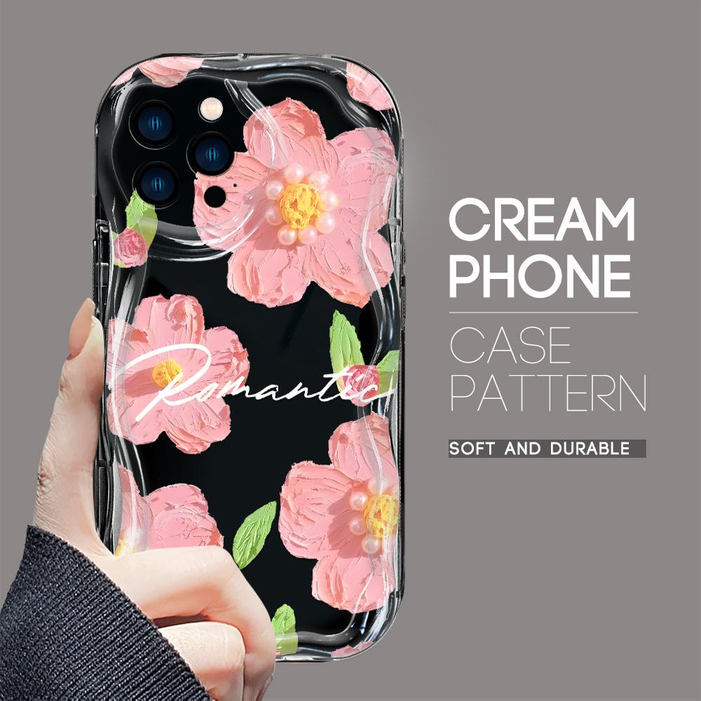 For iPhone 16 15 14 13 12 Samsung S24 S23 S22 A06 A13 A14 A15 A16 A55 Redmi Note 13 12 Pink Flowers Pattern Soft Silicone Wave Edge Phone Case