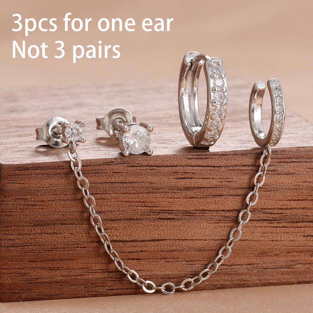 Fashion Zircon Eye Leaf Shaped Dangle Earrings Set for Women Stainless Steel Chain Ear Stud Ear Clip Trend Birthday Jewelry Gift