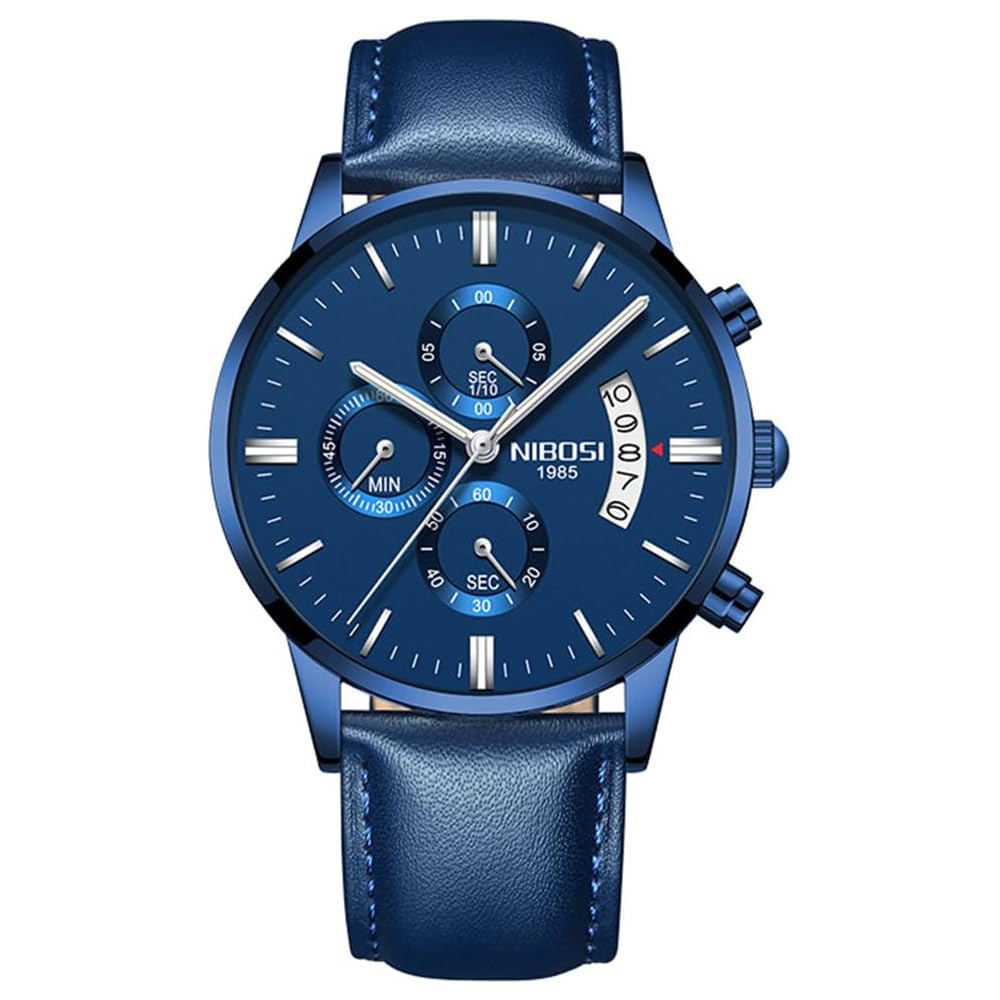 Nibosi Men s Chronograph Watch Blue Leather Strap Waterproof Analog Casual Big Face