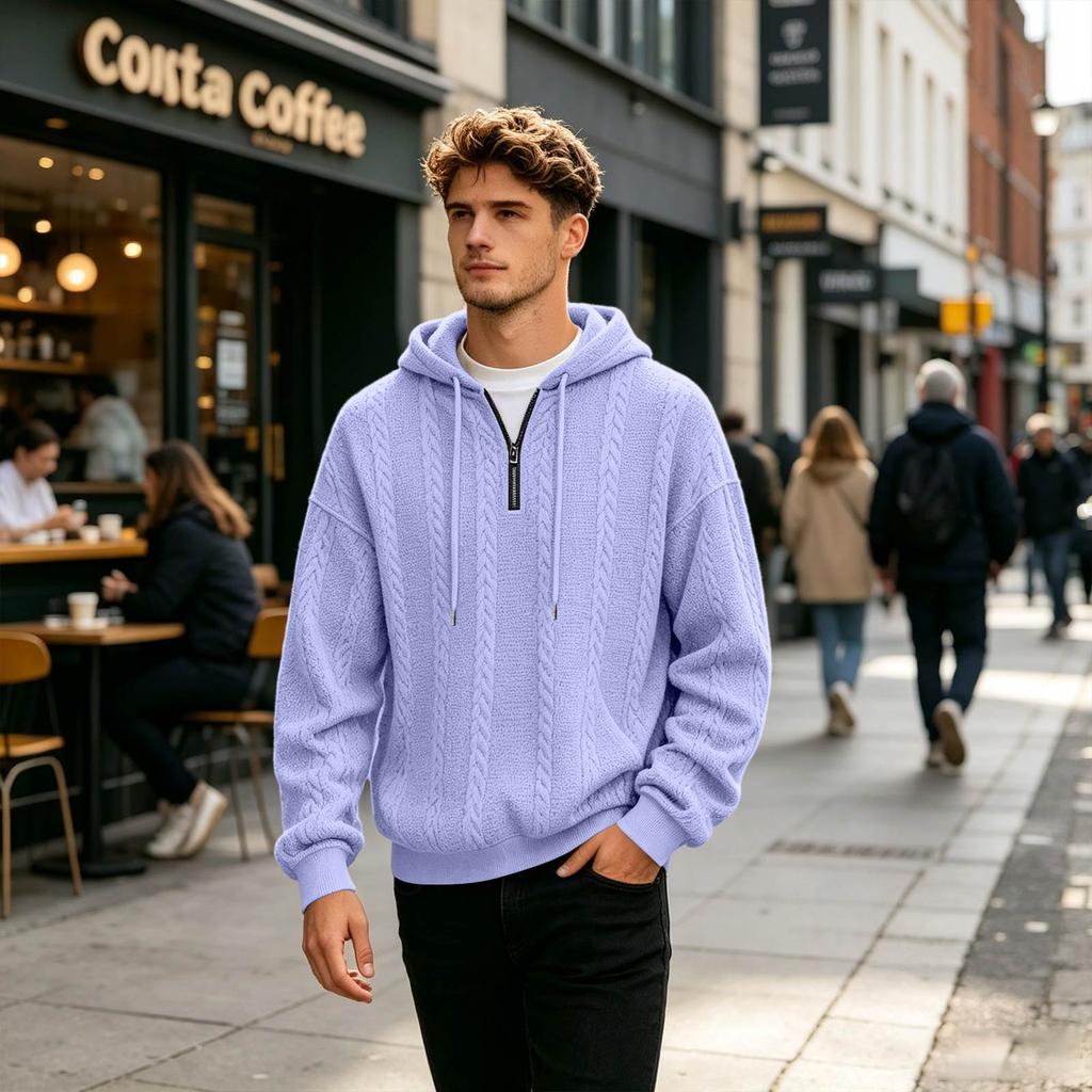 Men's Knit Hoodie with Half Zip Long Sleeve Loose Fit Casual