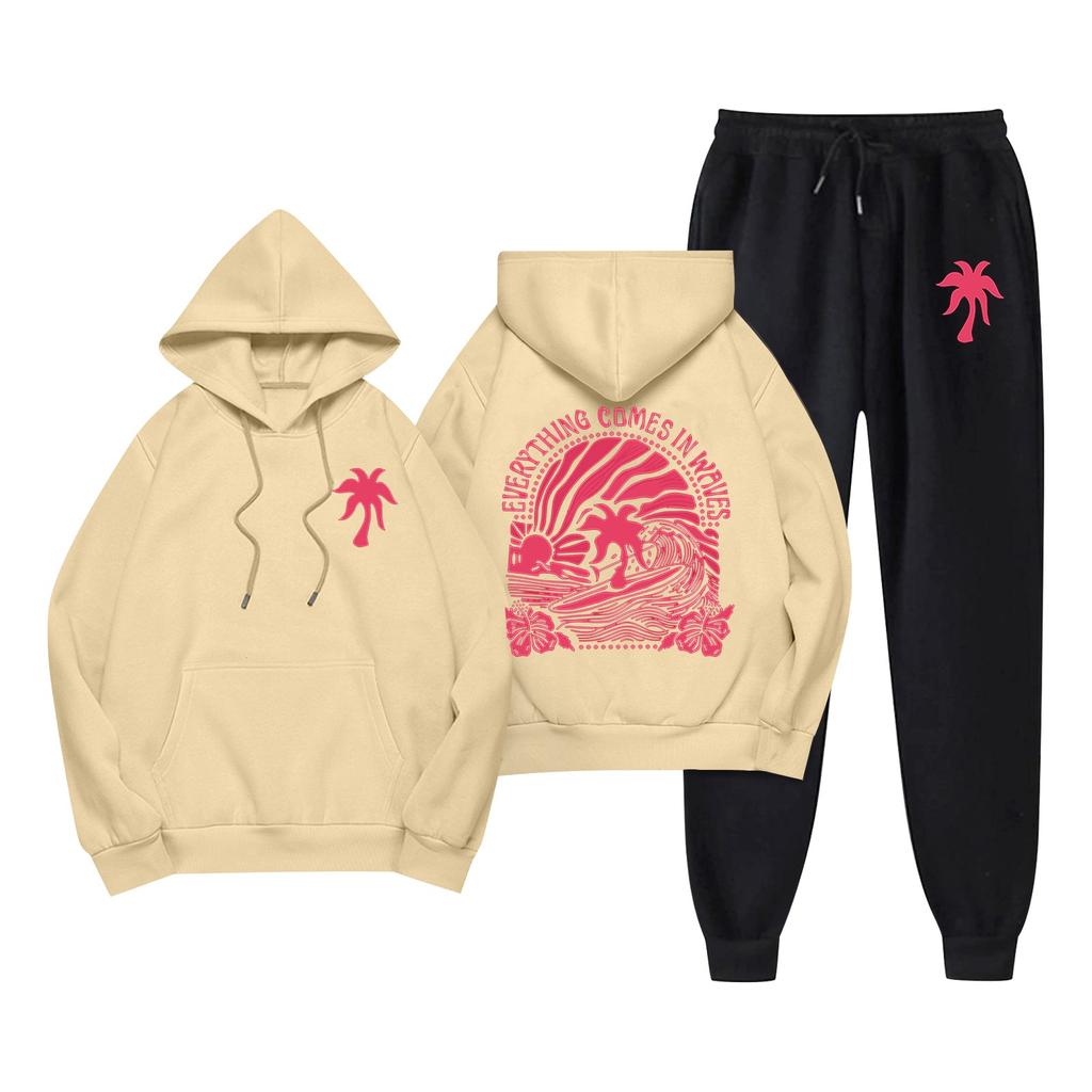 Unisex Long Sleeved Casual Pocket Drawstring Hooded Sweatshirt And Pants Set