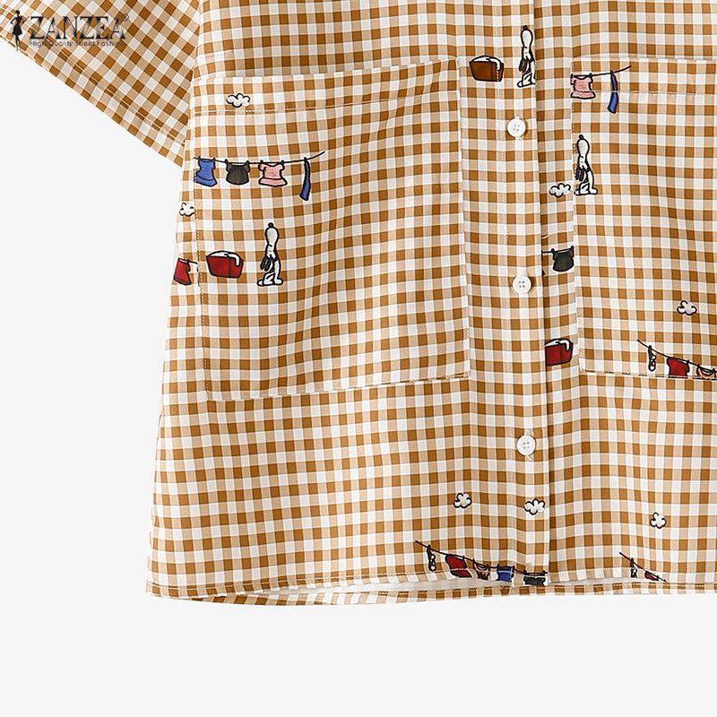 ZANZEA Women Casual Turn Down Collar Loose Short Sleeve Plaid Print Blouse