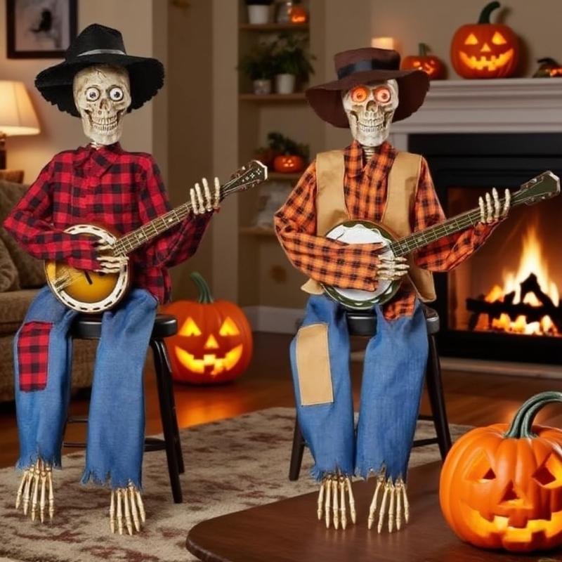 Dueling Banjo Playing Skeletons Halloween Decoration Set Illuminating Plastic Musicians For Home Yard Themed Parties