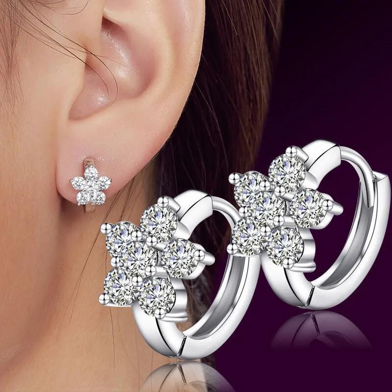 S925 Silver Charming Snowflake Pentagram Zircon Hoop Earrings for Women Fine Jewelry High Luxury Vintage Accessories