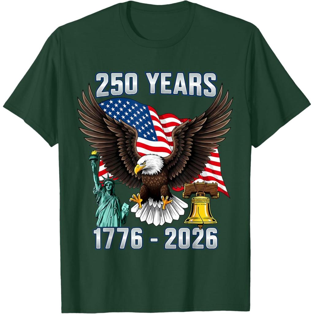 250 Years American 1776-2026 Bicentennial Eagle Graphic T-Shirt Casual Short Sleeve Tee