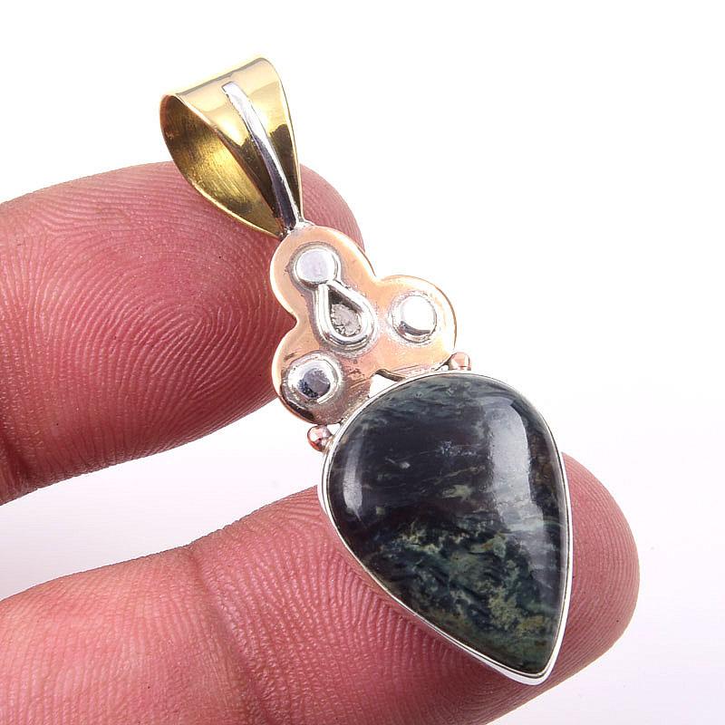 

Natural Green Pietersite Gemstone 925 Solid Silver Two Tone Pendant 1.75 k7S04