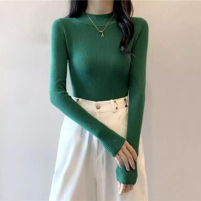 

трикотажный свитер с длинным рукавом, облегающий, с полувысоким воротником, в зарубежном стиле, весна-осень, женский базовый топ One Size