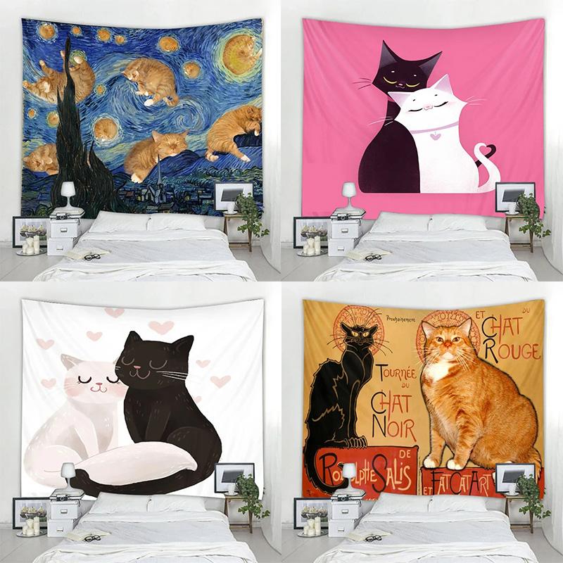 Cute Cat Tapestry Hippie Starry Night Tapestry Fantasy Kitten Playing With Butterfly Nebula Galaxy Artwork Galaxy Space