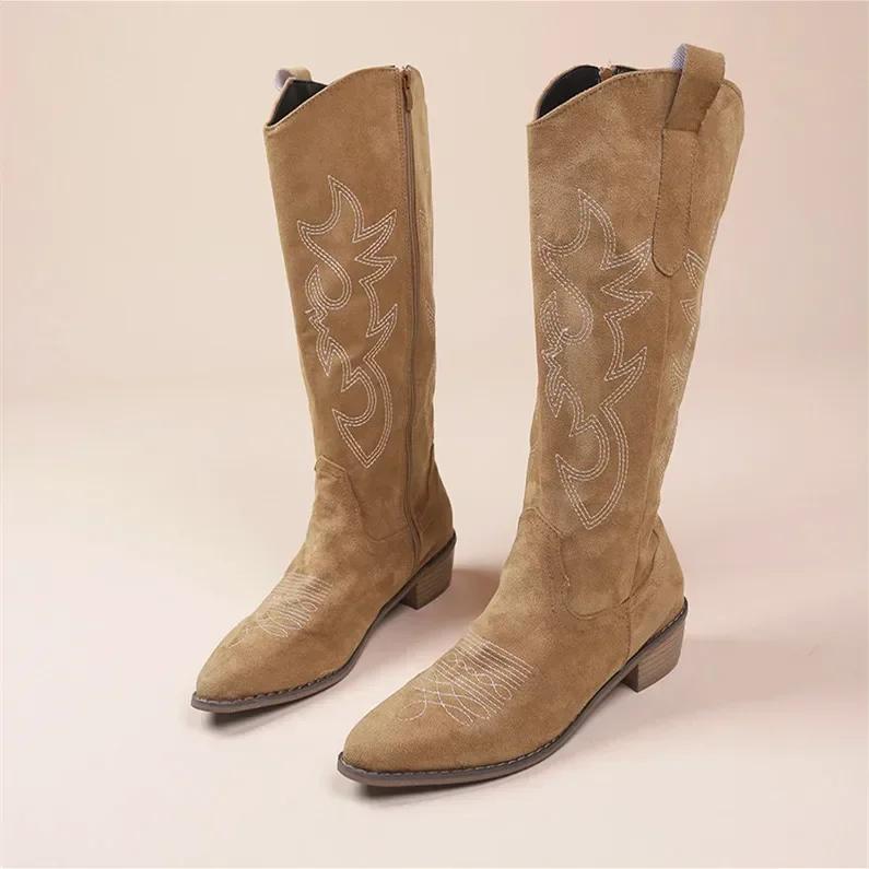 Modische bestickte Western-Cowboystiefel für Frauen, Herbst, spitze Zehenpartie, dicker Absatz, hohe Kniestiefel, Frau, lose PU-Leder, lange Botas Mujer