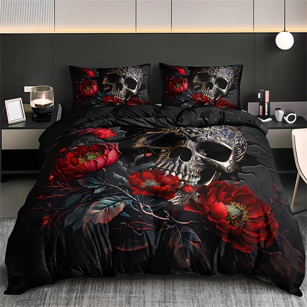 Fashion Gothic Skull Floral Duvet Cover Set - Soft Breathable HD Printing Bedding for Home Dorm Decor - Halloween Themed, Comfor