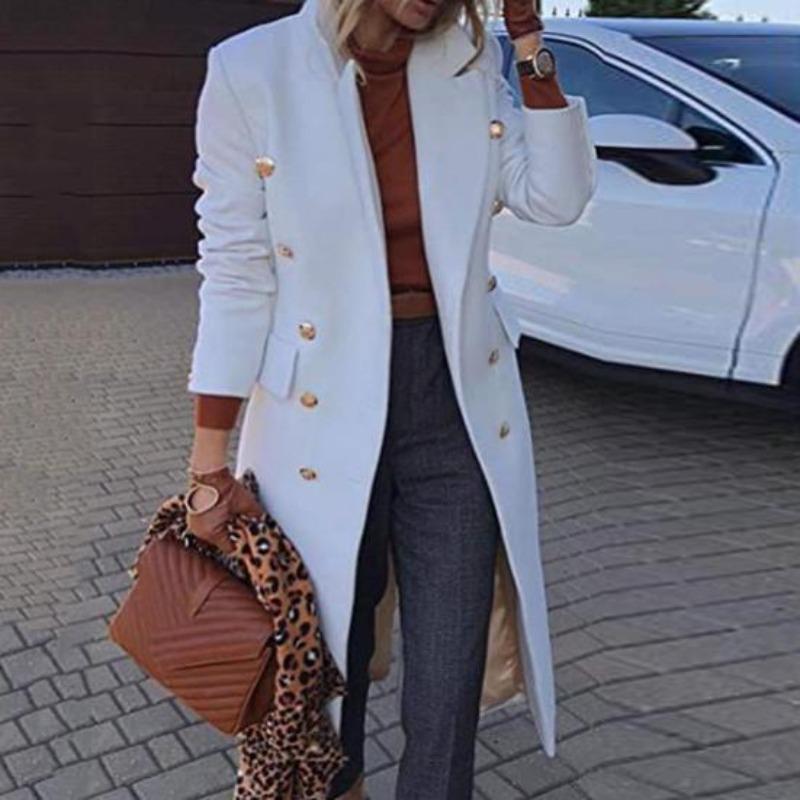 Women Autumn Winter Length Woolen Coat Double Breasted Pockets Solid Color Outwear Streetwear