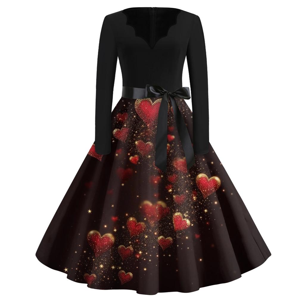 Print Flare Dress For Women Long Sleeve Dress Hollow Party Casual Dresses